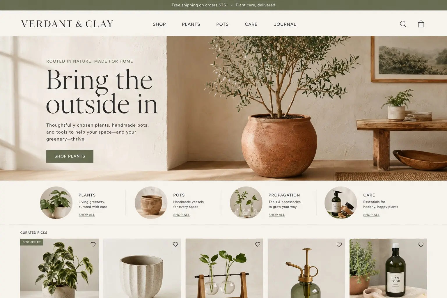 Plant boutique website home page mockup